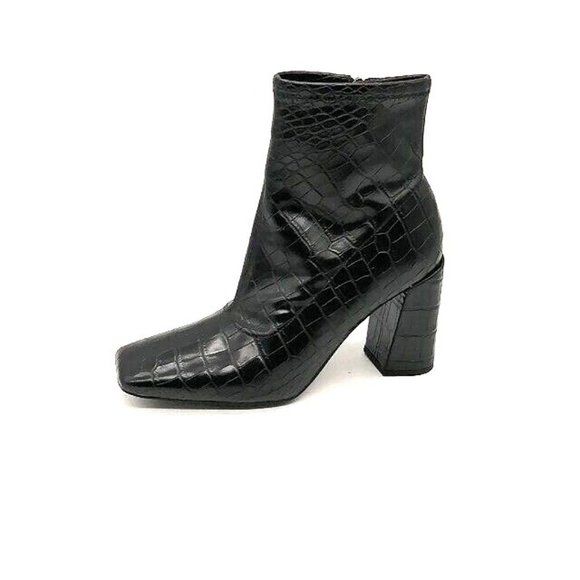 Franco Sarto Womens Ankle Boot Harmond Black Croc Side Zip High Block Heel 8 - Picture 1 of 11